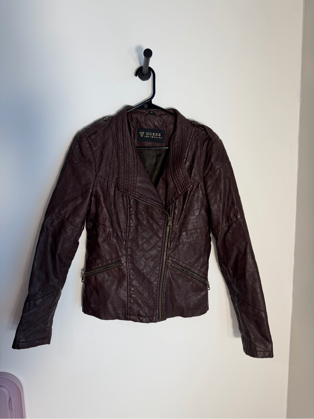 GUESS Women's Quilted Leather Moto Jacket - Burgundy